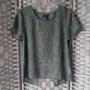 Gap Blouse Olive Green Abstract Sunburst Print Split Back Women Sz S Semi Sheer